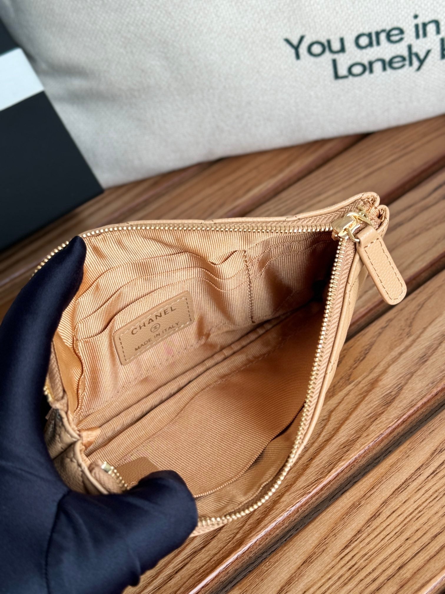 CC ZIPPED WALLET 20CM DARK BEIGE QUILTED CAVIAR GOLD HARDWARE