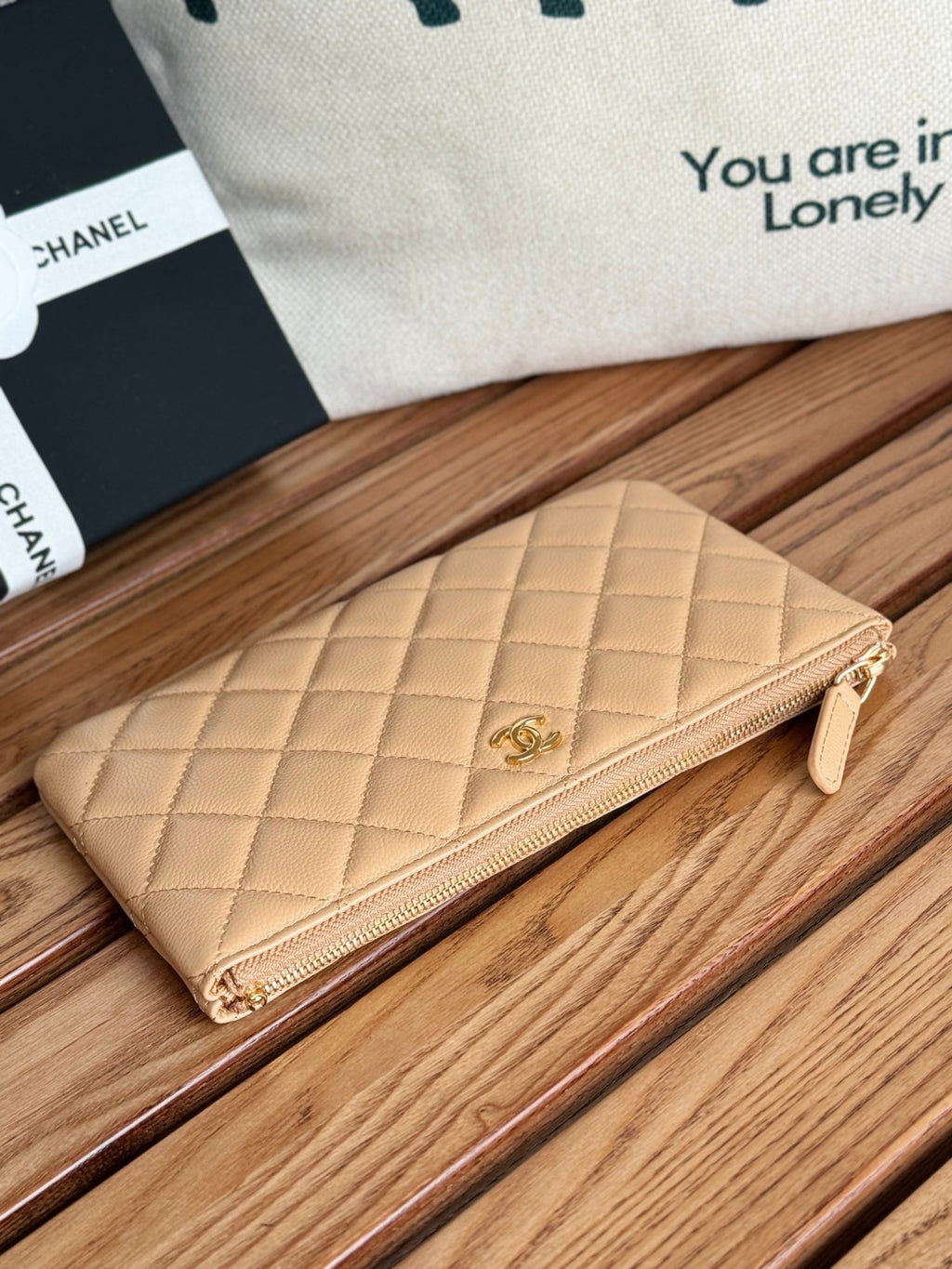 CC ZIPPED WALLET 20CM DARK BEIGE QUILTED CAVIAR GOLD HARDWARE
