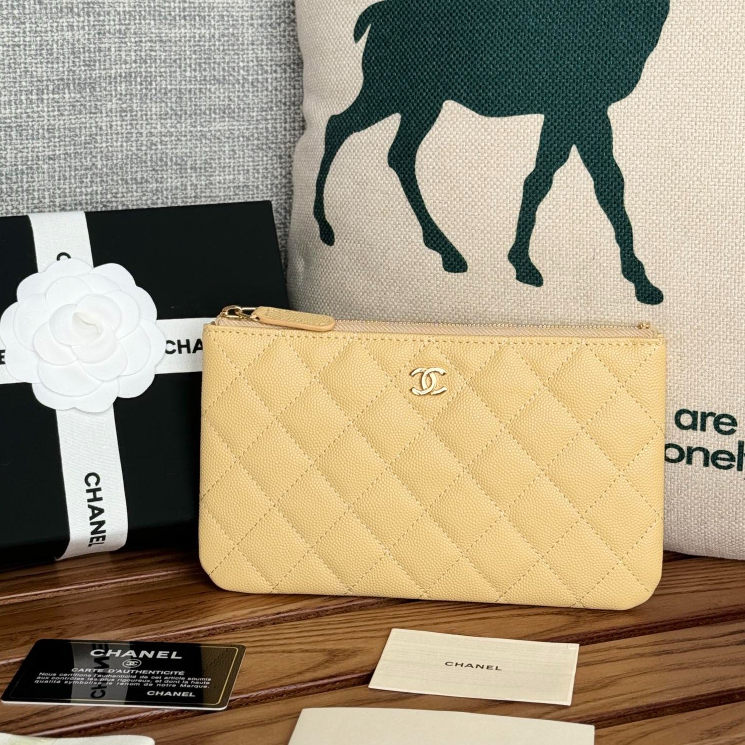 CC ZIPPED WALLET 20CM LIGHT YELLOW QUILTED CAVIAR GOLD HARDWARE