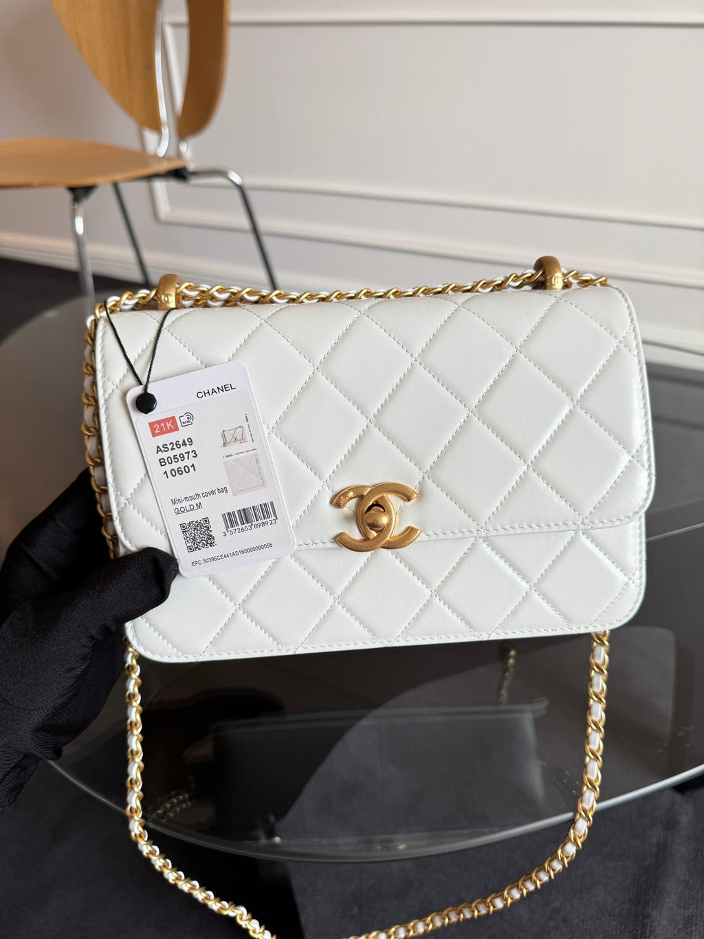 MINI RABAT 22CM CUIR D'AGNEAU BLANC QUINCAILLERIE DORÉ