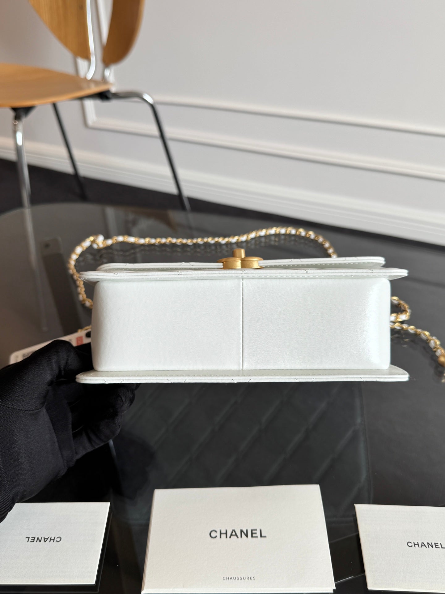 MINI RABAT 22CM CUIR D'AGNEAU BLANC QUINCAILLERIE DORÉ