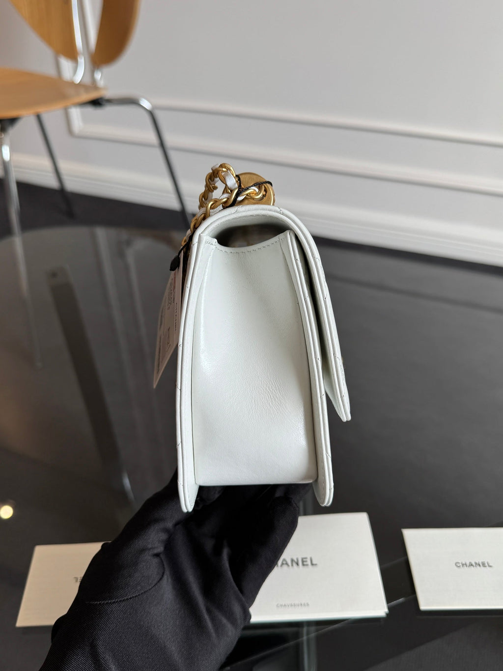 MINI RABAT 22CM CUIR D'AGNEAU BLANC QUINCAILLERIE DORÉ