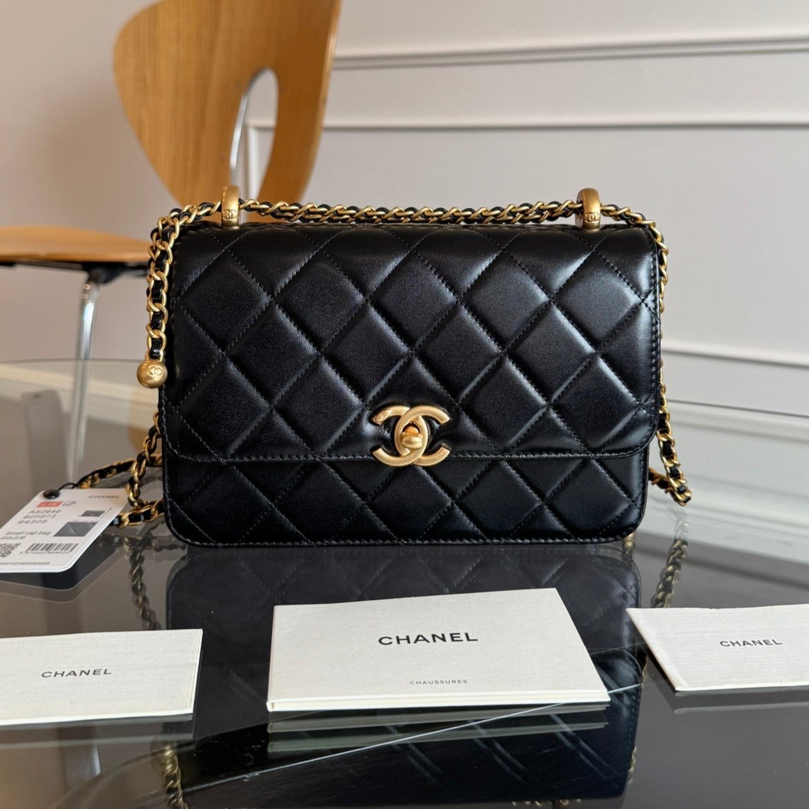MINI RABAT 22CM CUIR D'AGNEAU NOIR QUINCAILLERIE DORÉ