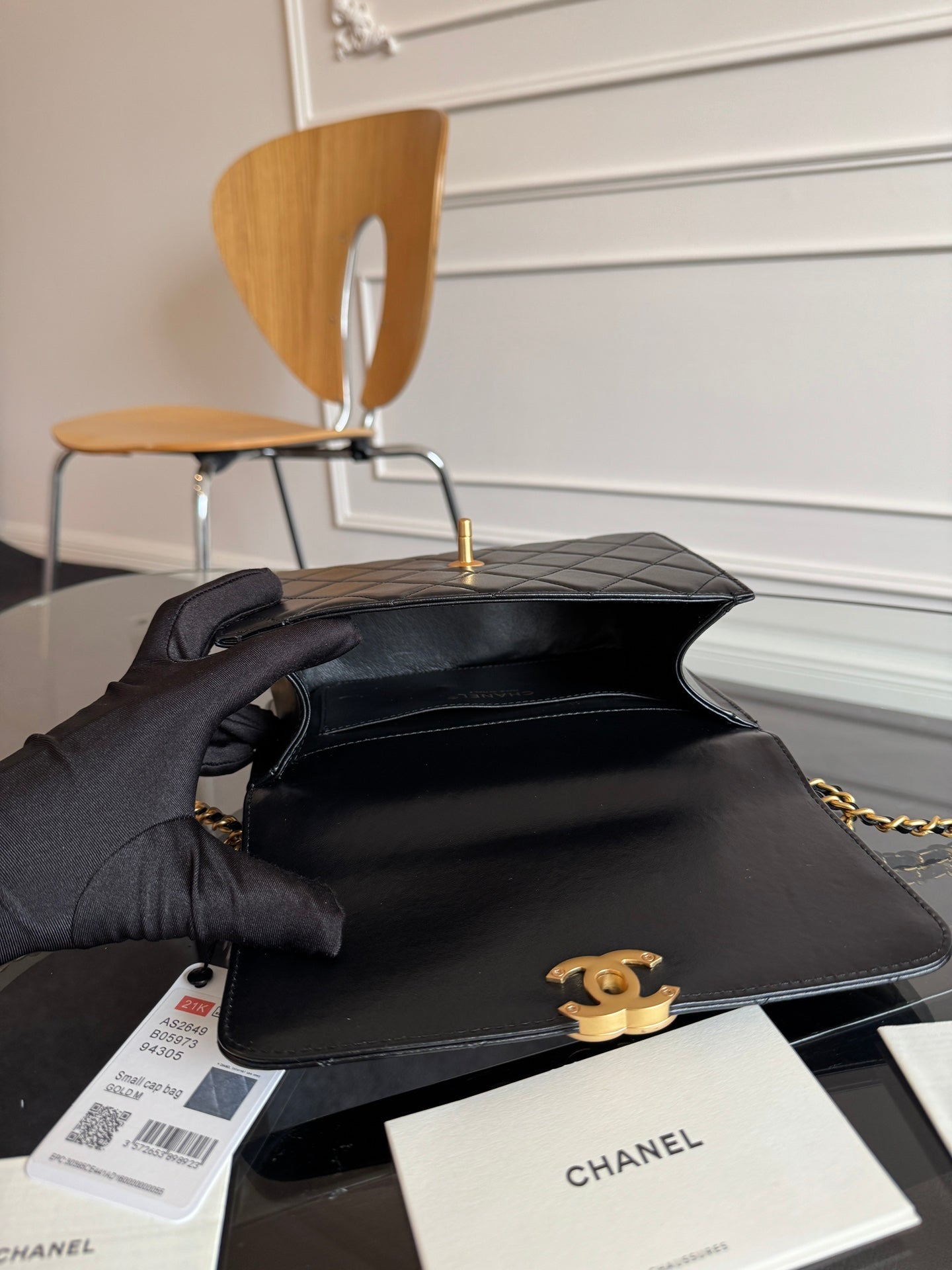 MINI RABAT 22CM CUIR D'AGNEAU NOIR QUINCAILLERIE DORÉ