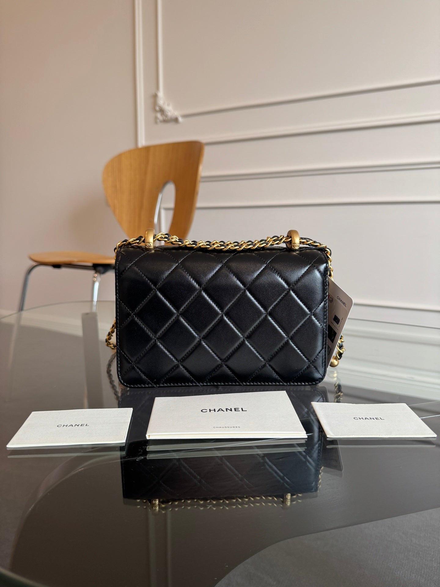 MINI RABAT 19CM CUIR D'AGNEAU NOIR QUINCAILLERIE DORÉ