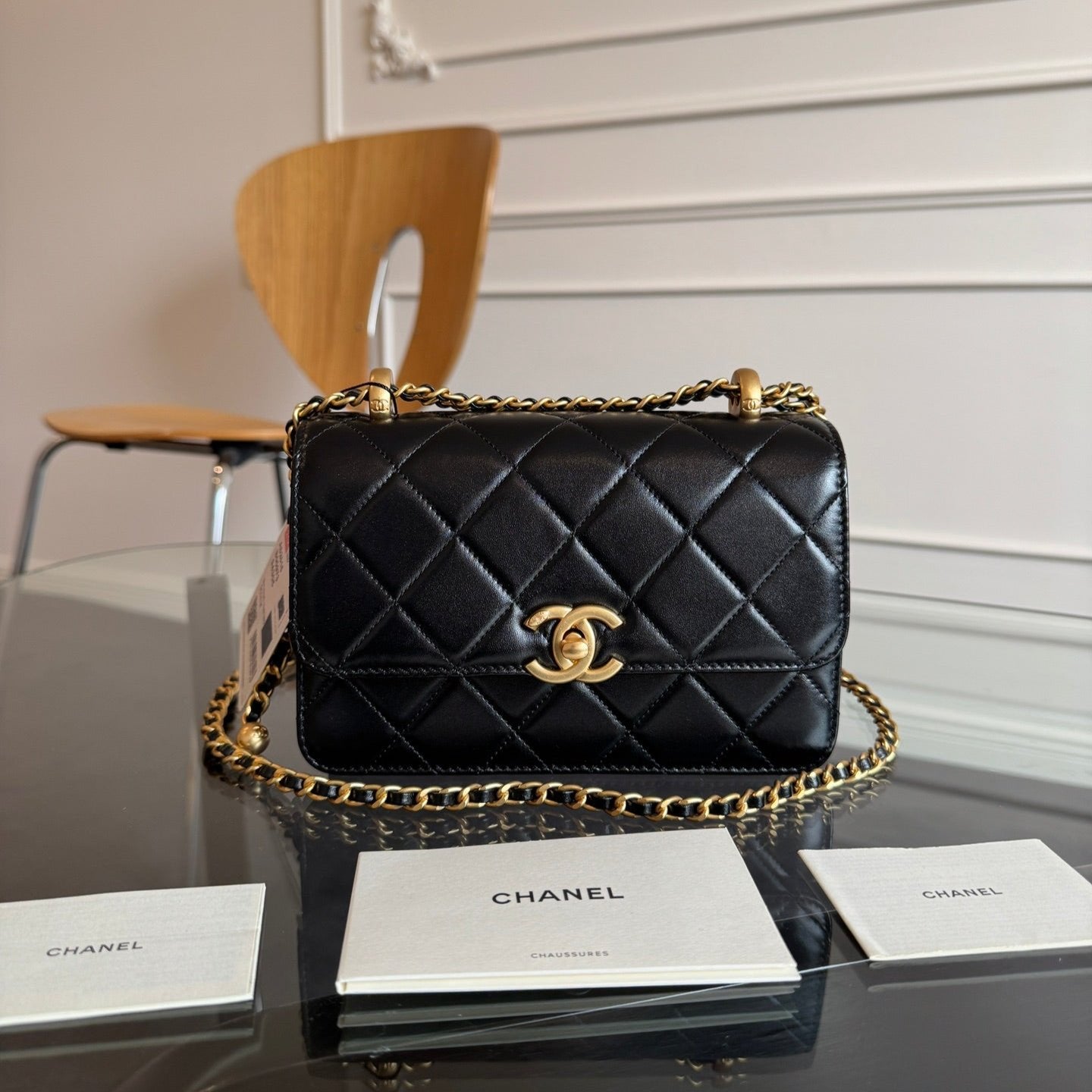 MINI RABAT 19CM CUIR D'AGNEAU NOIR QUINCAILLERIE DORÉ