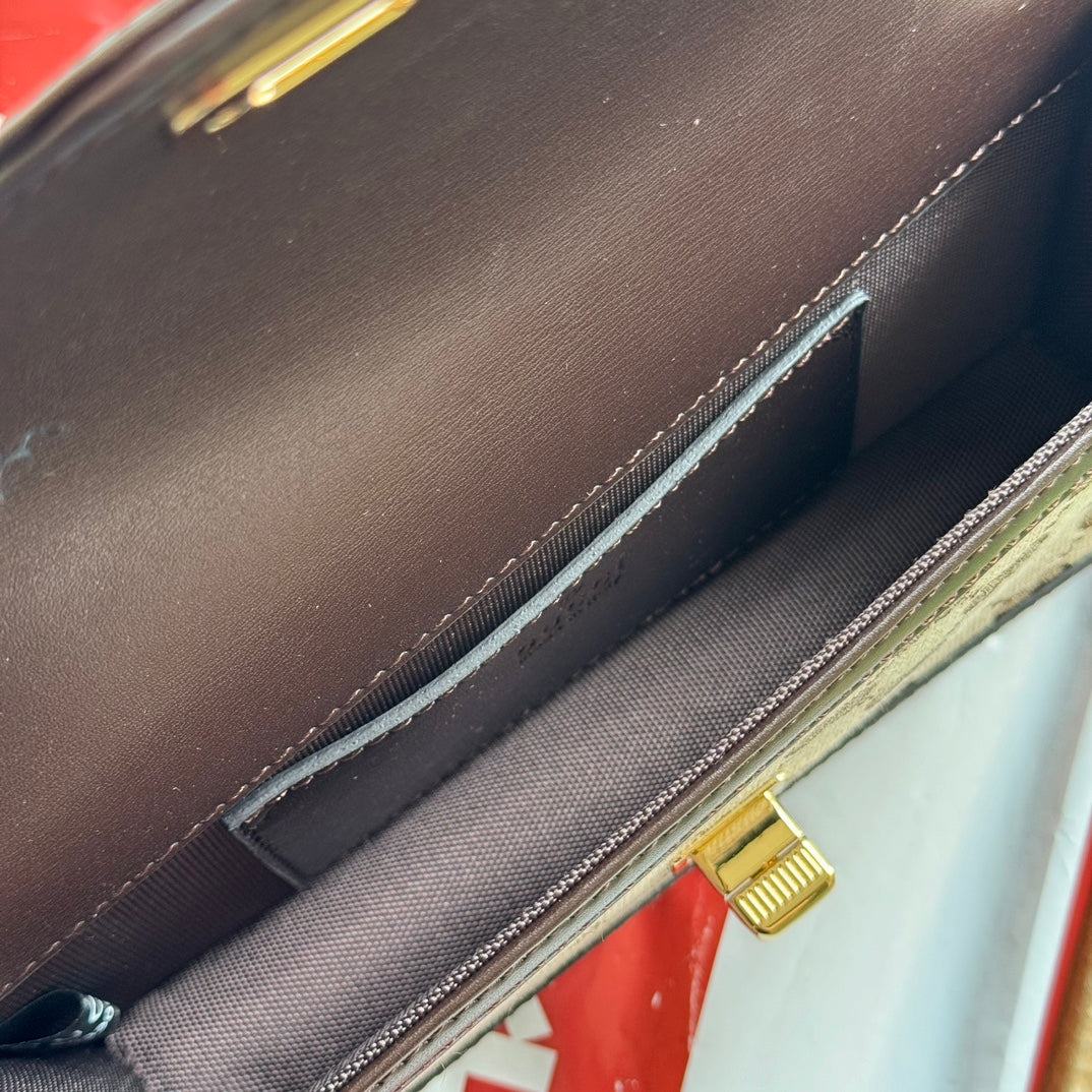 Mini sac bandoulière Luce 20 en toile beige et cuir de veau marron foncé, finitions dorées
