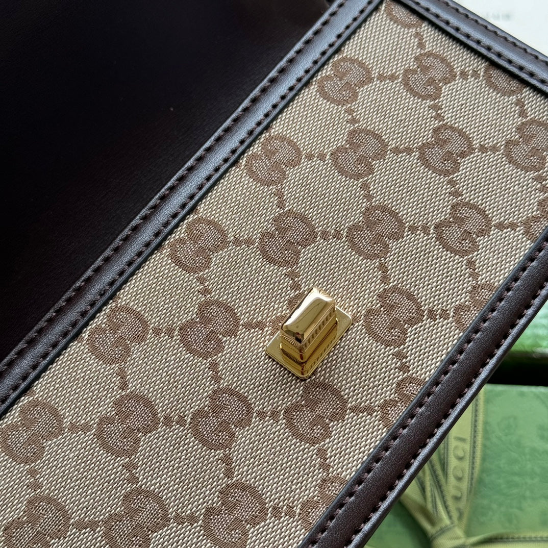 Mini sac bandoulière Luce 20 en toile beige et cuir de veau marron foncé, finitions dorées