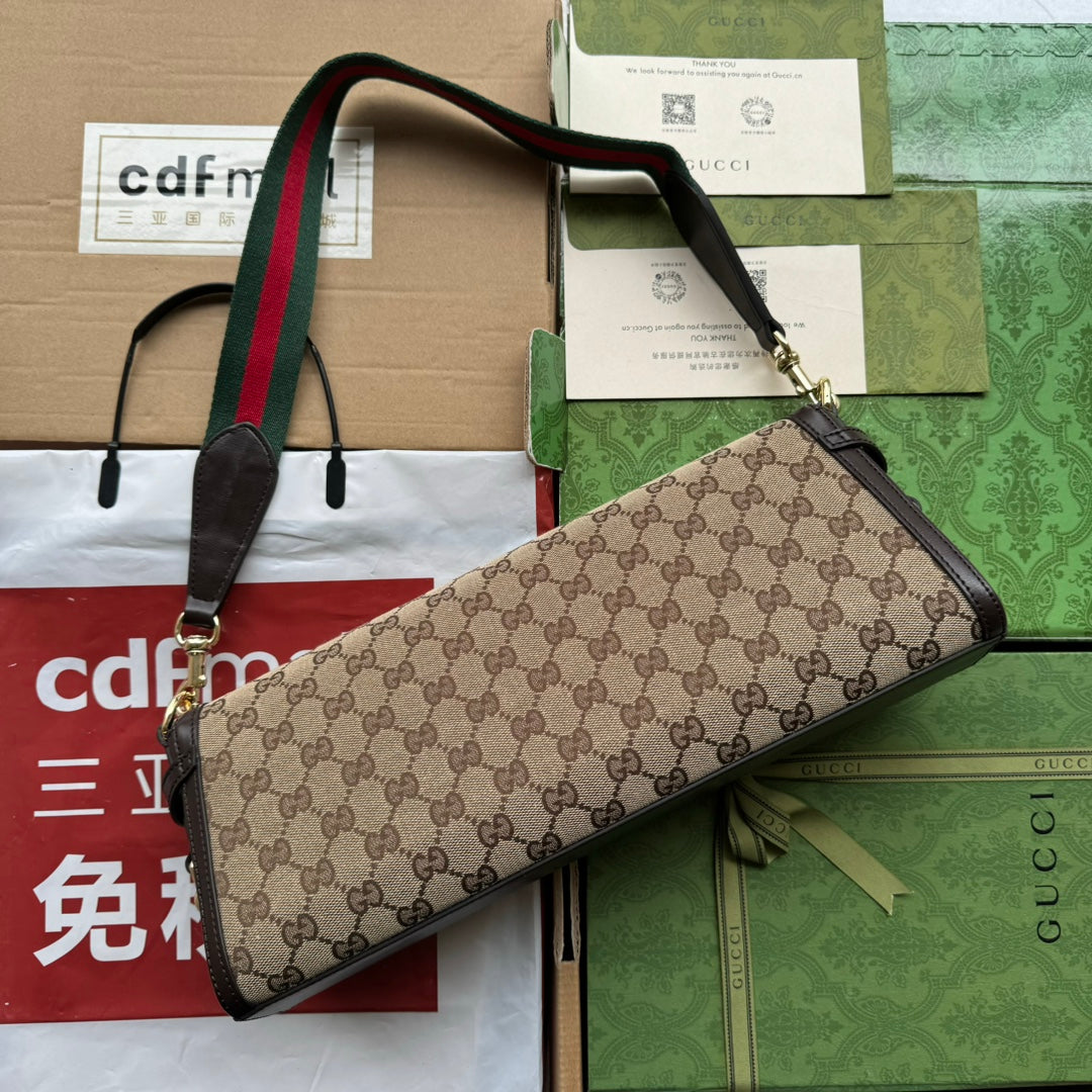 SAC À BANDOULIÈRE MOYEN LUCE 36 EN TOILE BEIGE ET GARNITURE EN CUIR DE VEAU MARRON FONCÉ, QUINCAILLERIE DORÉE