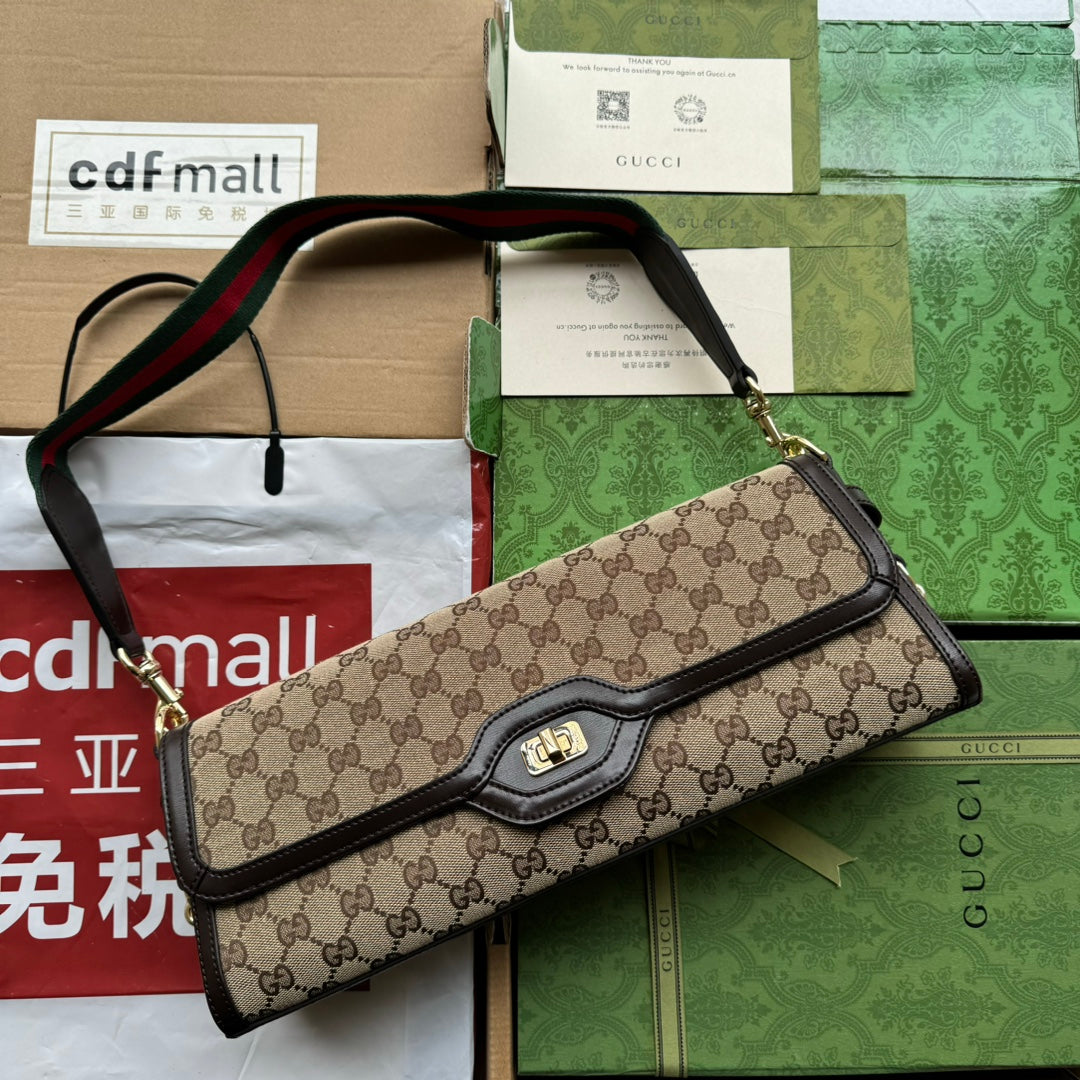 SAC À BANDOULIÈRE MOYEN LUCE 36 EN TOILE BEIGE ET GARNITURE EN CUIR DE VEAU MARRON FONCÉ, QUINCAILLERIE DORÉE