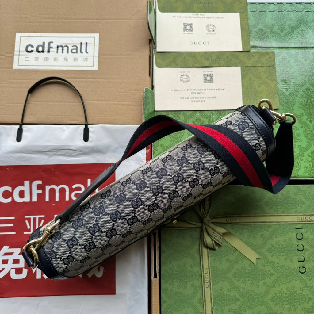 ルーチェ ミディアム ショルダーバッグ 36インチ ライトグレー キャンバス＆ブラック カーフスキントリム ゴールド金具