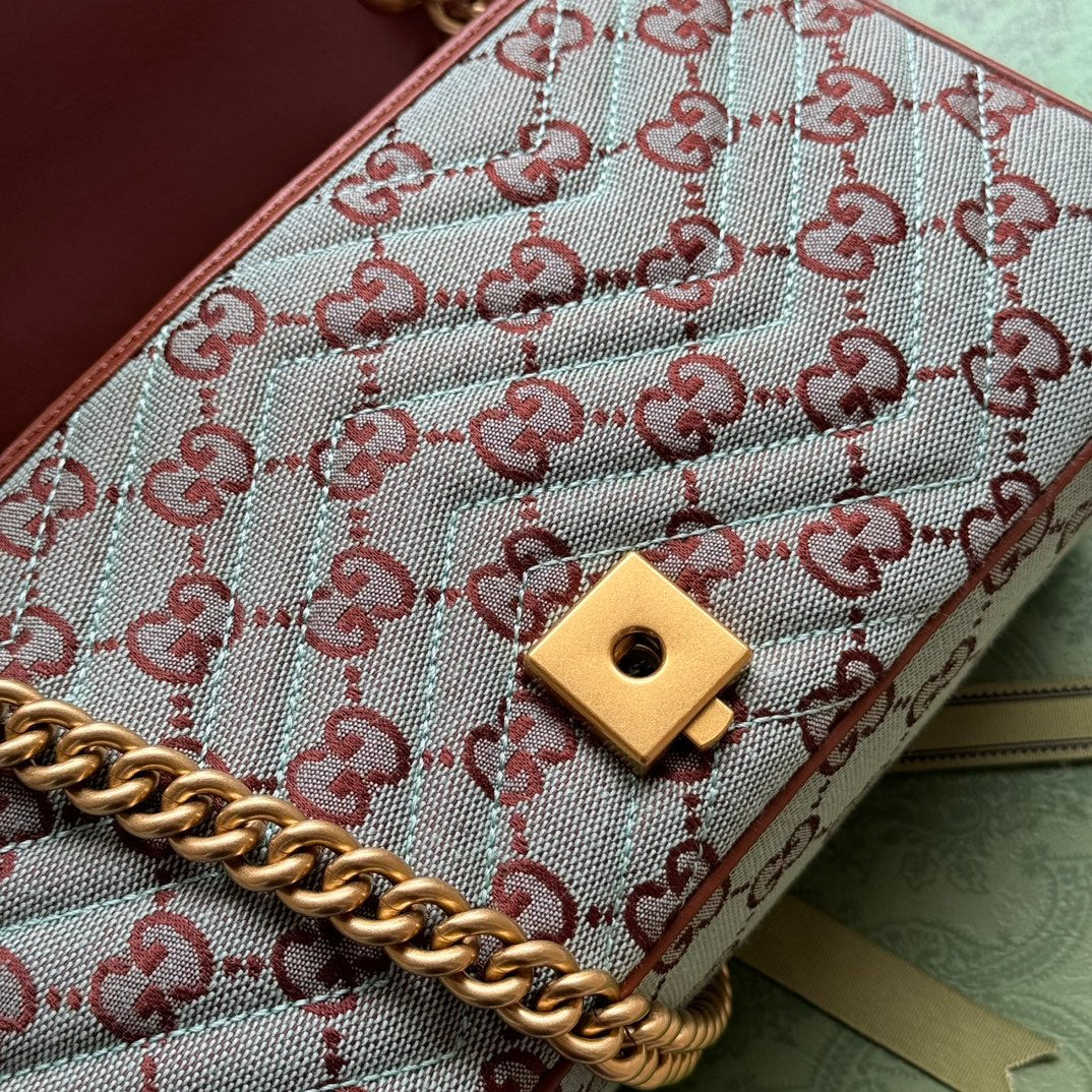 Toile monogrammée GG Marmont 26 cm bleu chocolat avec quincaillerie dorée
