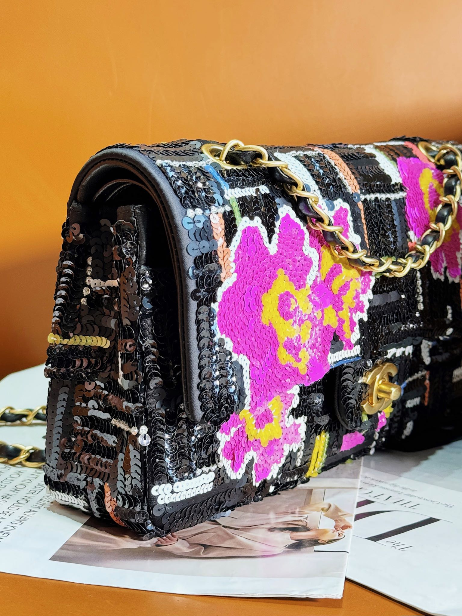 SAC À RABAT 24S 25,5 CM NOIR BLANC VIOLET PAILLETTES