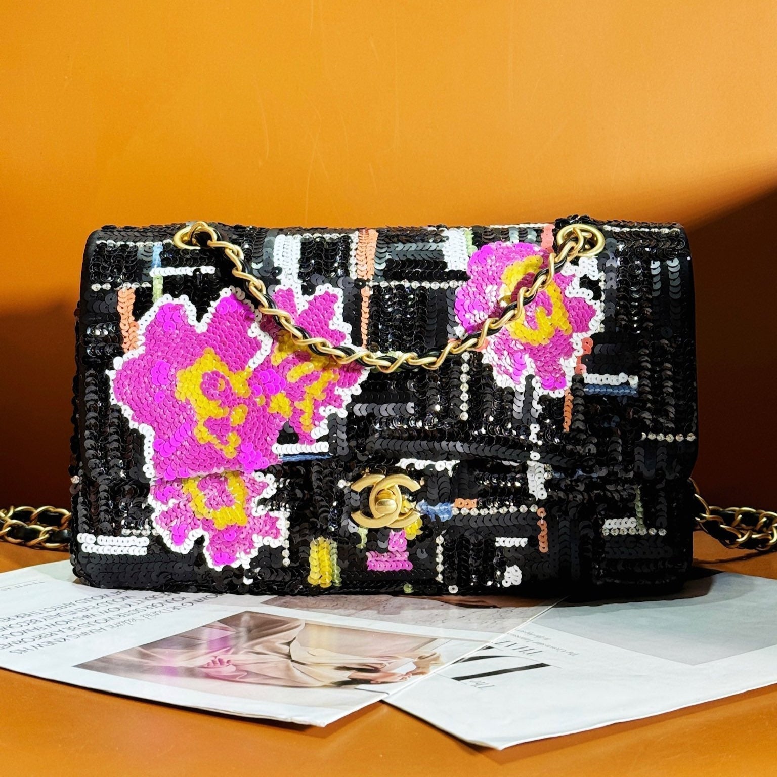 SAC À RABAT 24S 25,5 CM NOIR BLANC VIOLET PAILLETTES