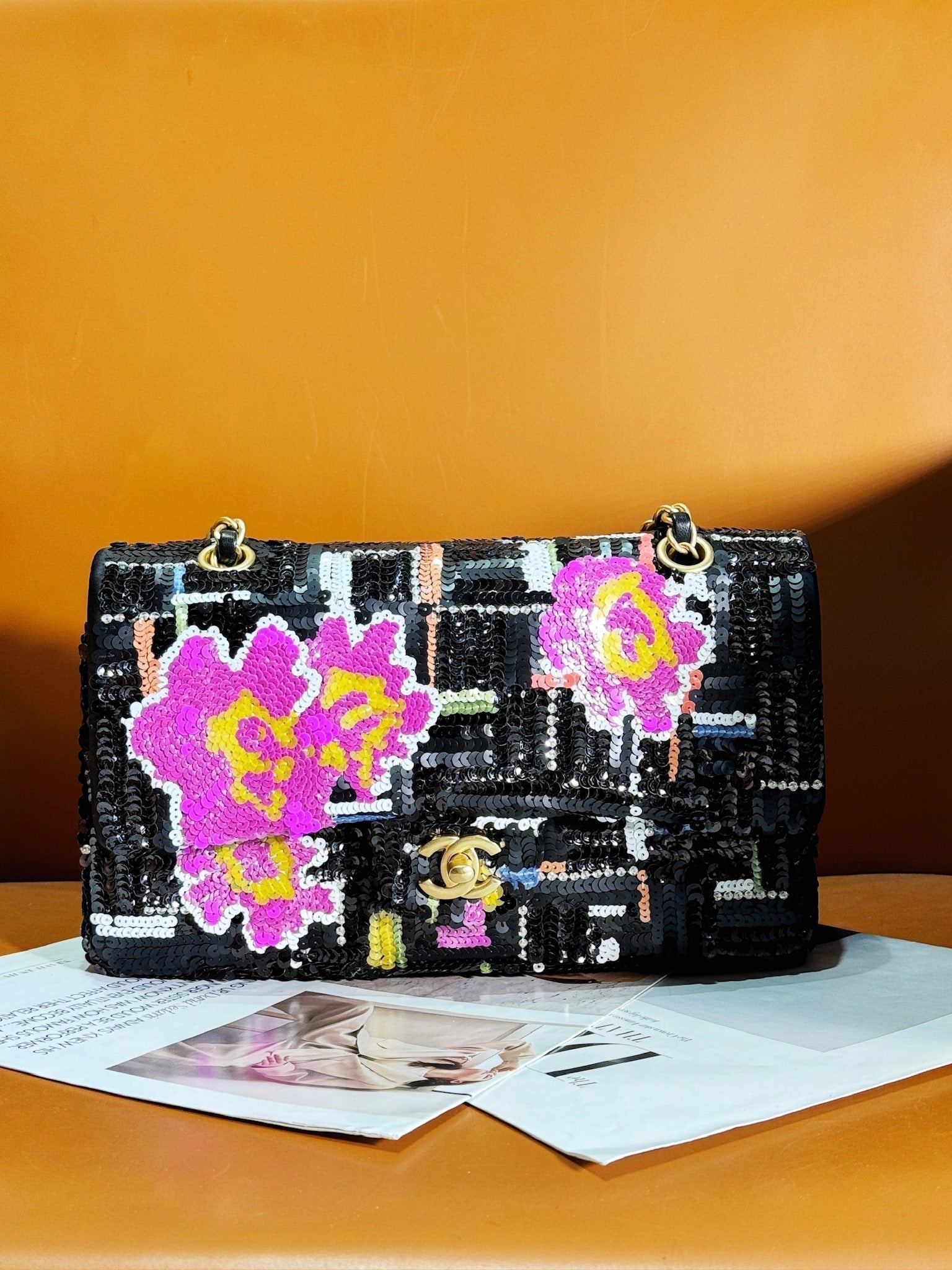 SAC À RABAT 24S 25,5 CM NOIR BLANC VIOLET PAILLETTES