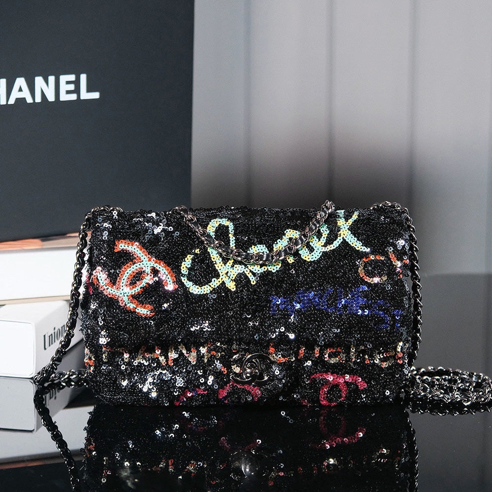 SAC À RABAT 24S 20 CM EN CUIR DE VEAU À PAILLETTES MULTICOLORE