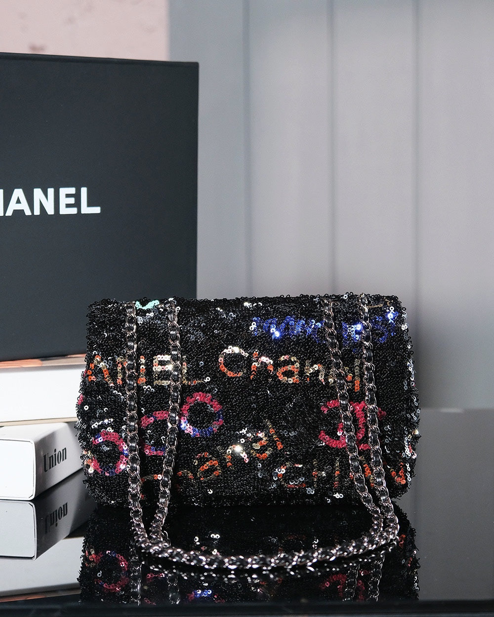 SAC À RABAT 24S 20 CM EN CUIR DE VEAU À PAILLETTES MULTICOLORE