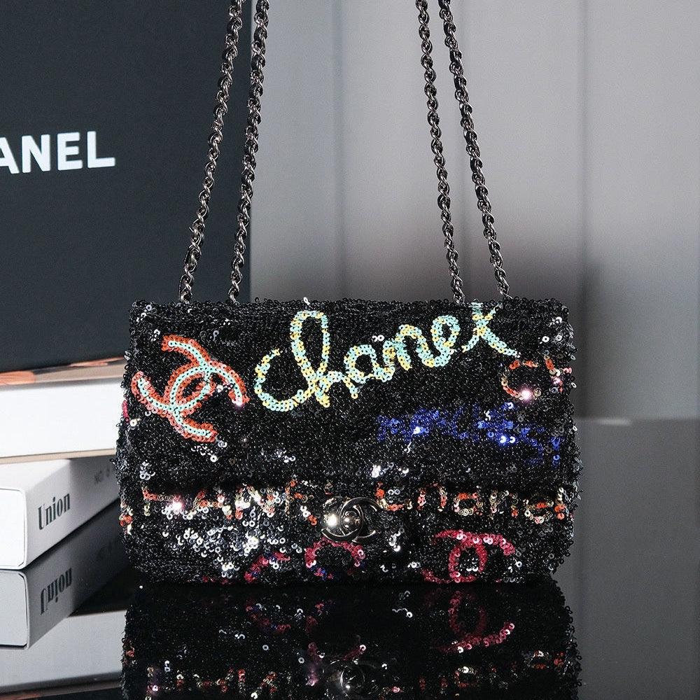 SAC À RABAT 24S 20 CM EN CUIR DE VEAU À PAILLETTES MULTICOLORE