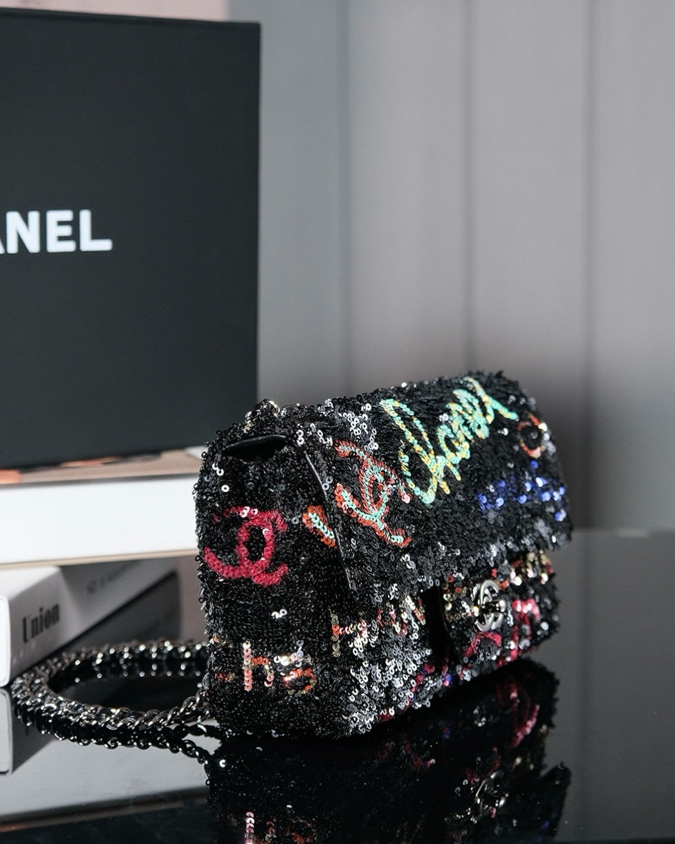 SAC À RABAT 24S 20 CM EN CUIR DE VEAU À PAILLETTES MULTICOLORE