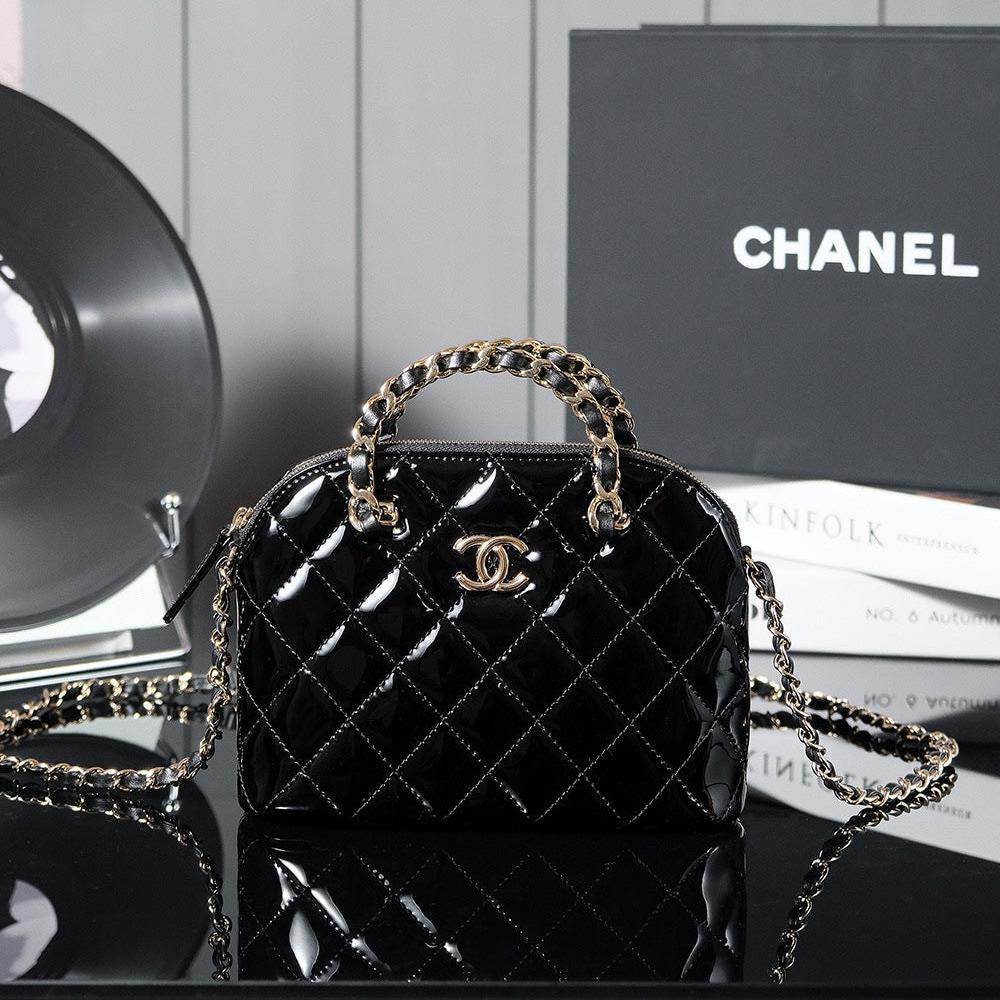 PETIT SAC CABAS 20 EN CUIR DE VEAU NOIR BRILLANT QUINCAILLERIE DORÉ