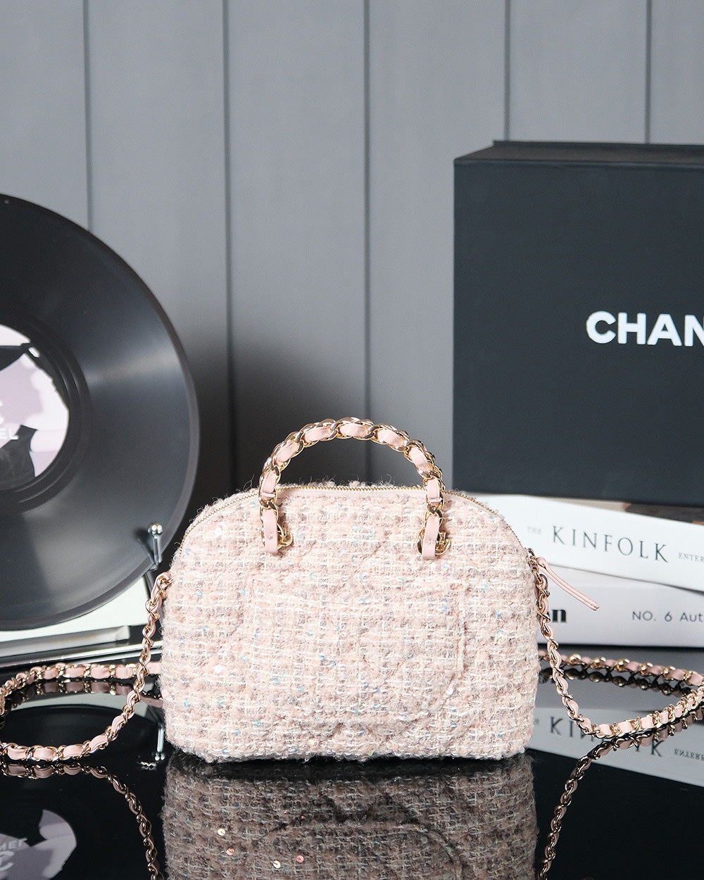 PETIT SAC CABAS 20 EN TWEED ROSE CLAIR QUINCAILLERIE DOREE