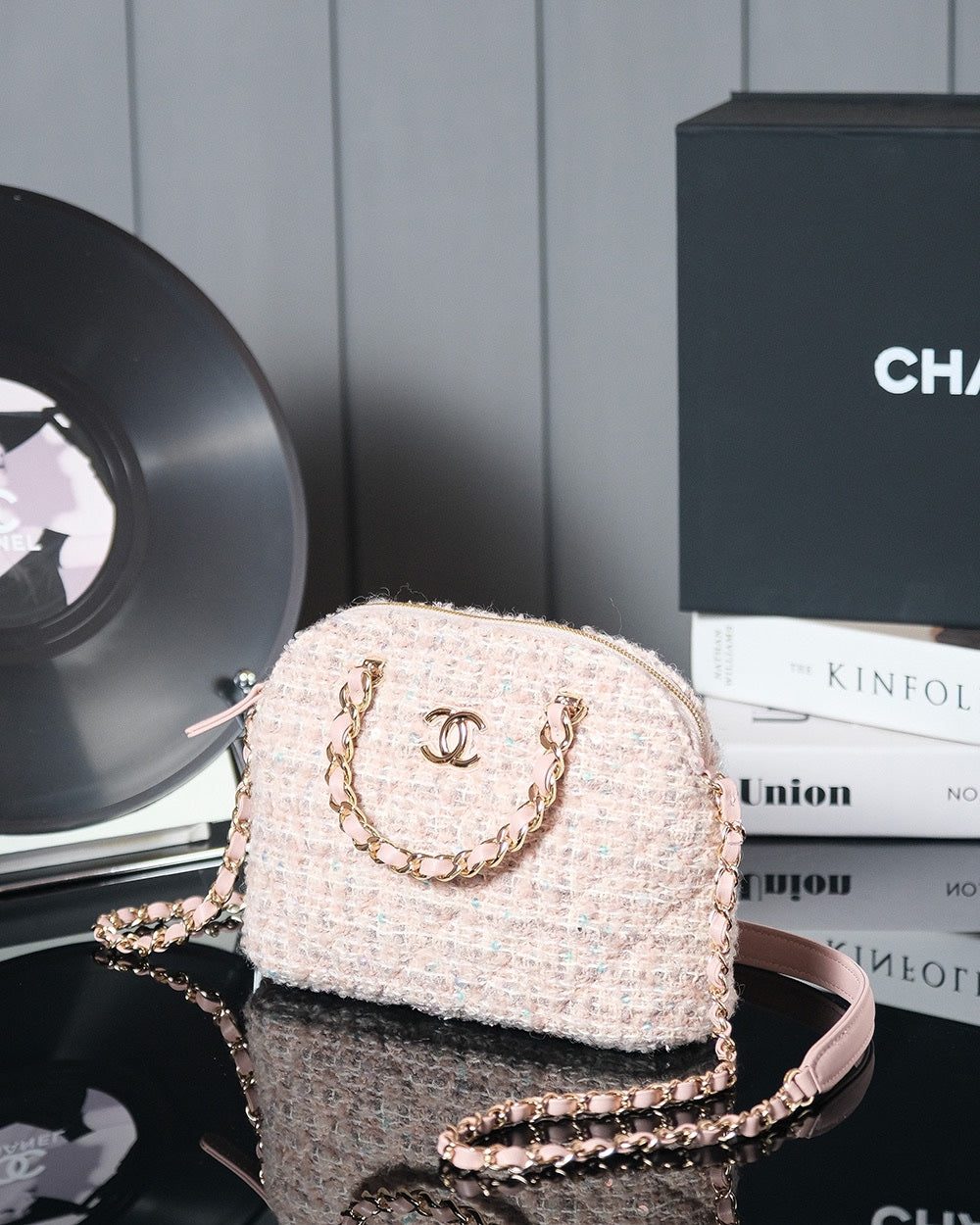 PETIT SAC CABAS 20 EN TWEED ROSE CLAIR QUINCAILLERIE DOREE