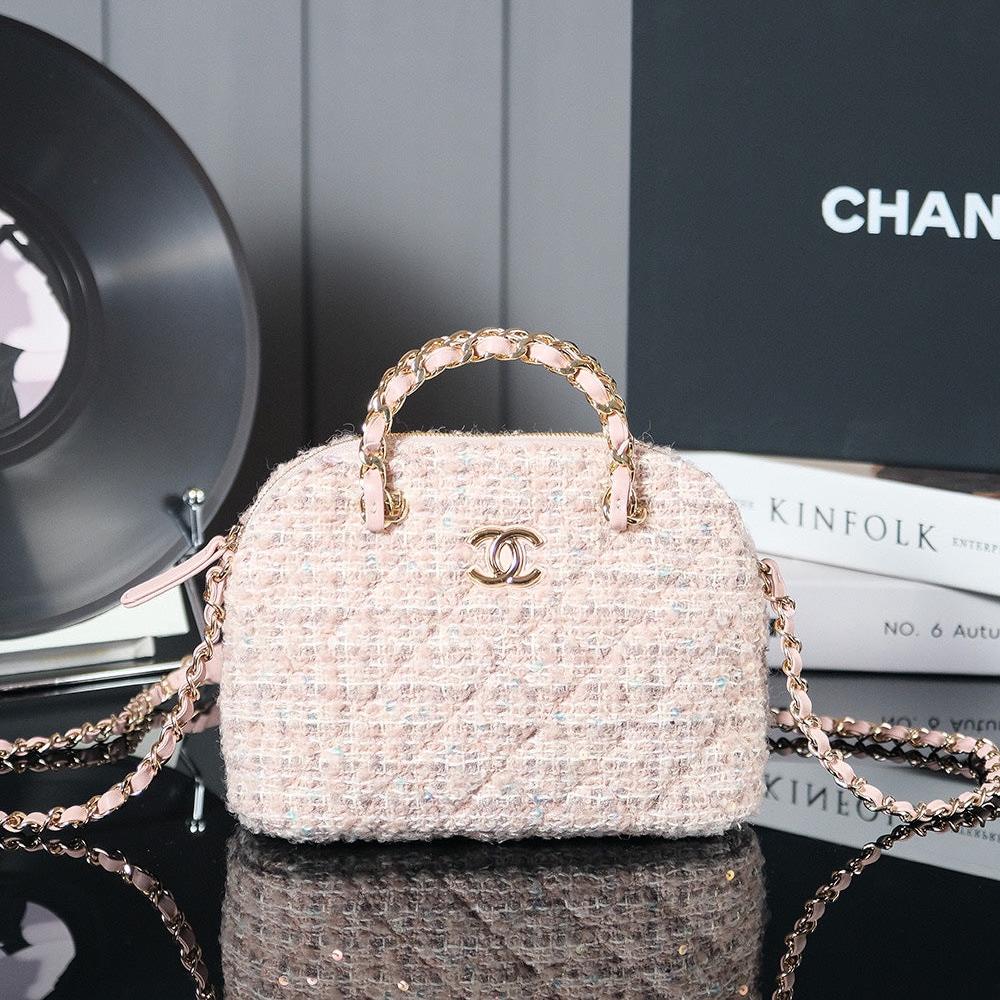 PETIT SAC CABAS 20 EN TWEED ROSE CLAIR QUINCAILLERIE DOREE