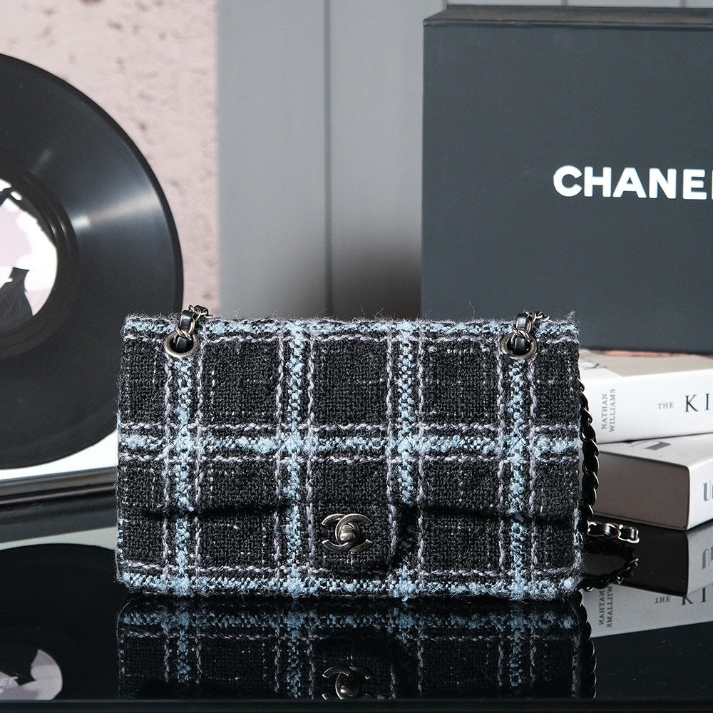 SAC À RABAT 24K 25,5 CM TWEED RAYÉ BLEU NOIR