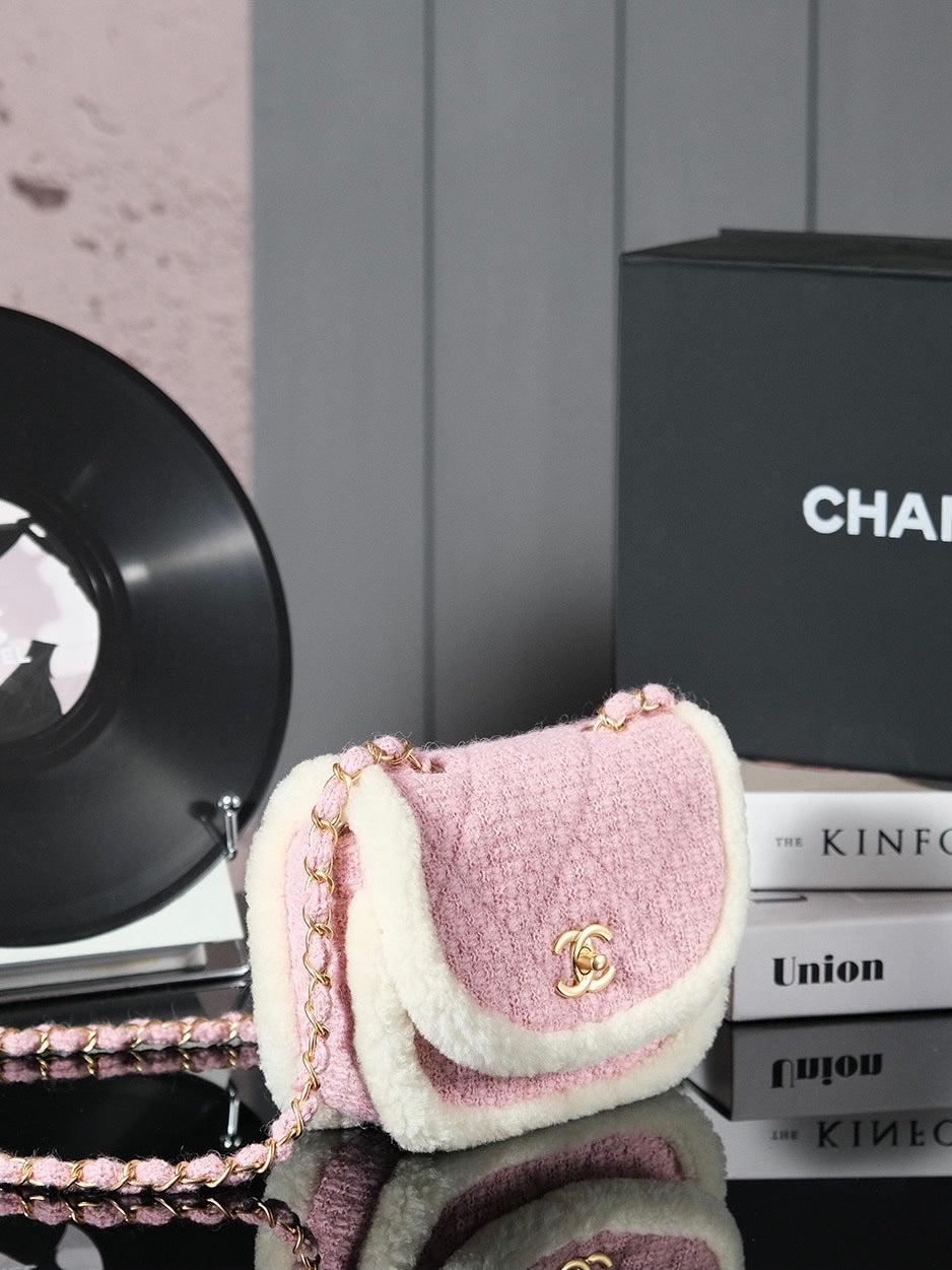 CC 24N SAC À RABAT 20CM TWEED ROSE BEIGE PEAU LAINE MOUTON