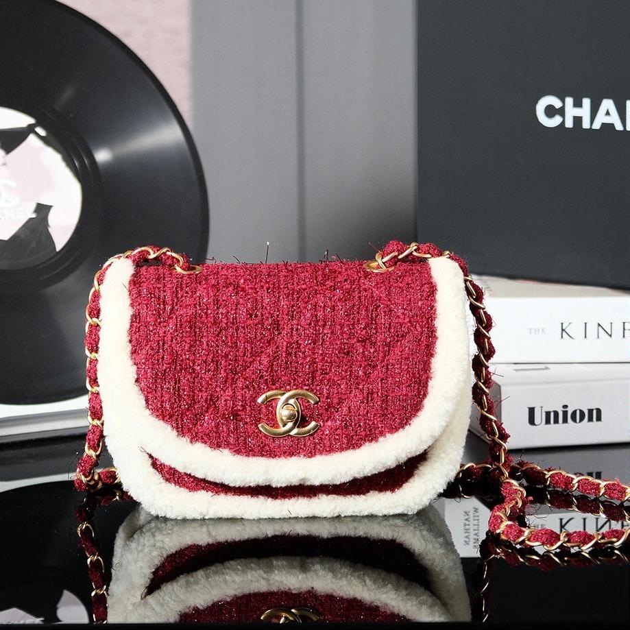 CC 24N SAC À RABAT 20CM ROUGE BEIGE TWEED PEAU LAINE MOUTON 