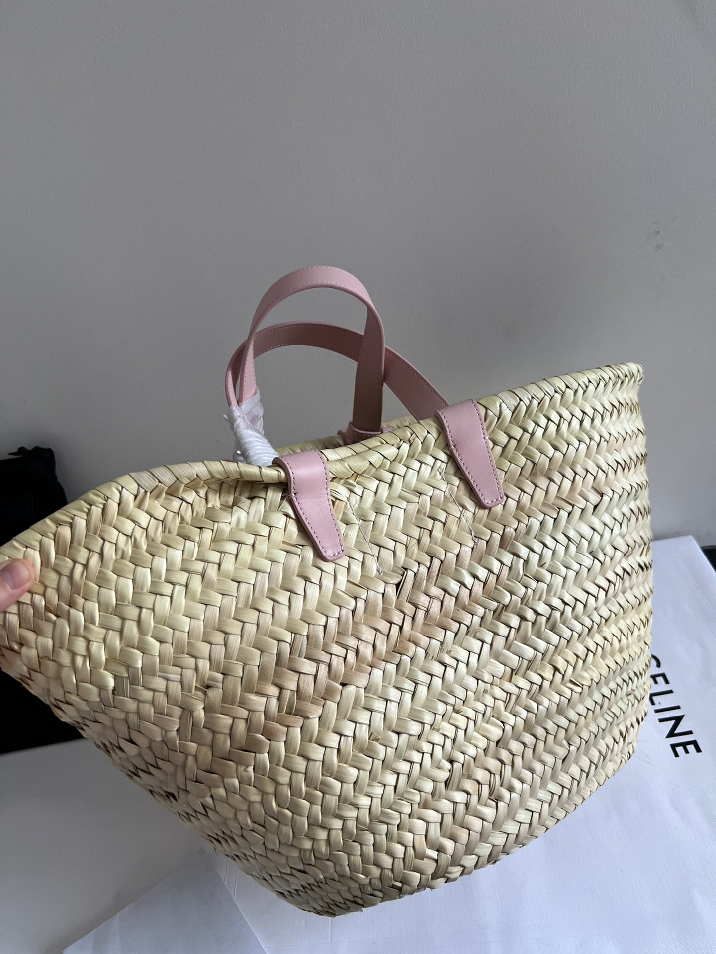 SAC CLASSIQUE MOYEN 25 CM EN RAPHIA ET CUIR DE VEAU BRUN