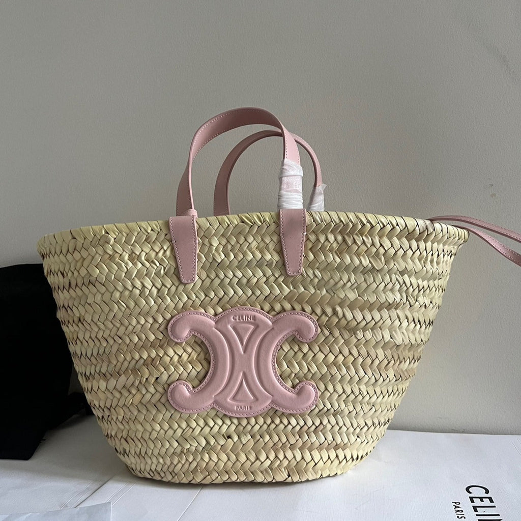 SAC CLASSIQUE MOYEN 25 CM EN RAPHIA ET CUIR DE VEAU BRUN