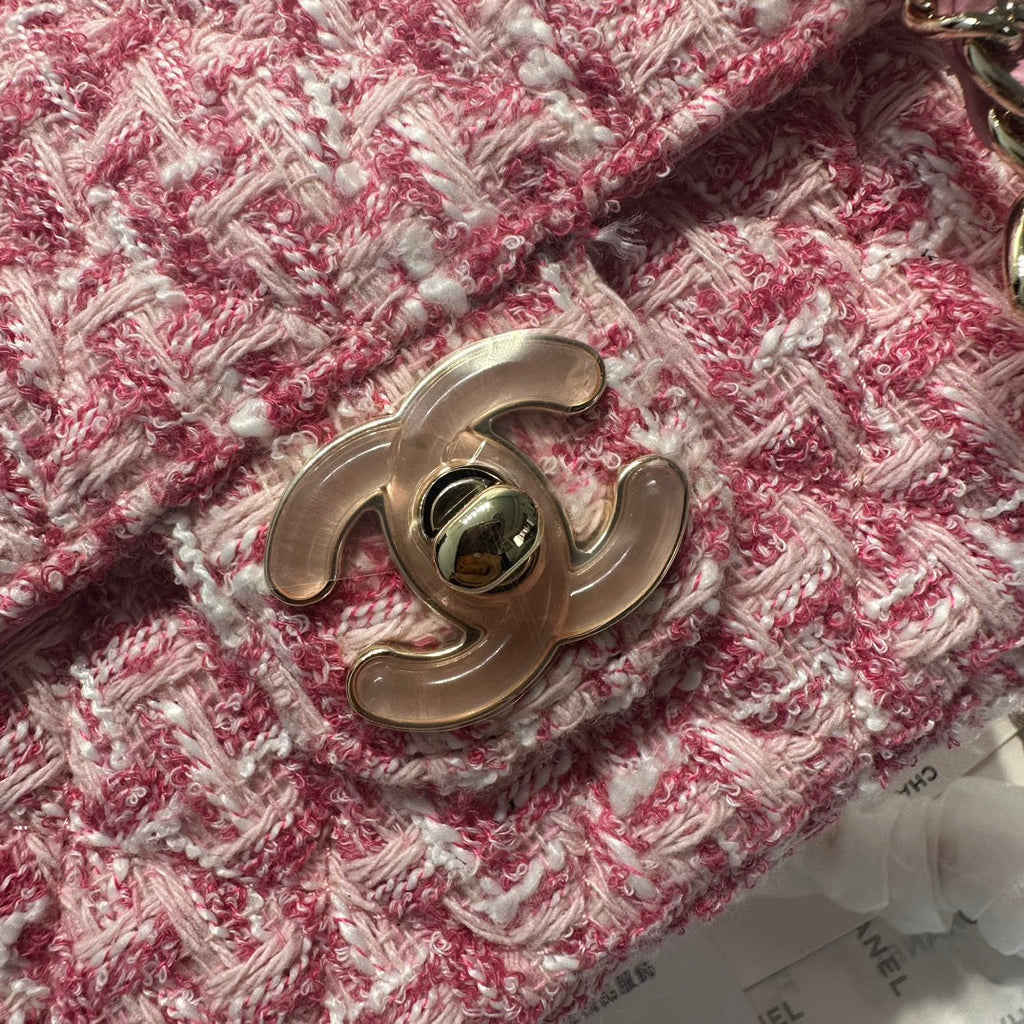 23P FLAP BAG PINK WHITE TWEED SILVER HARDWARE