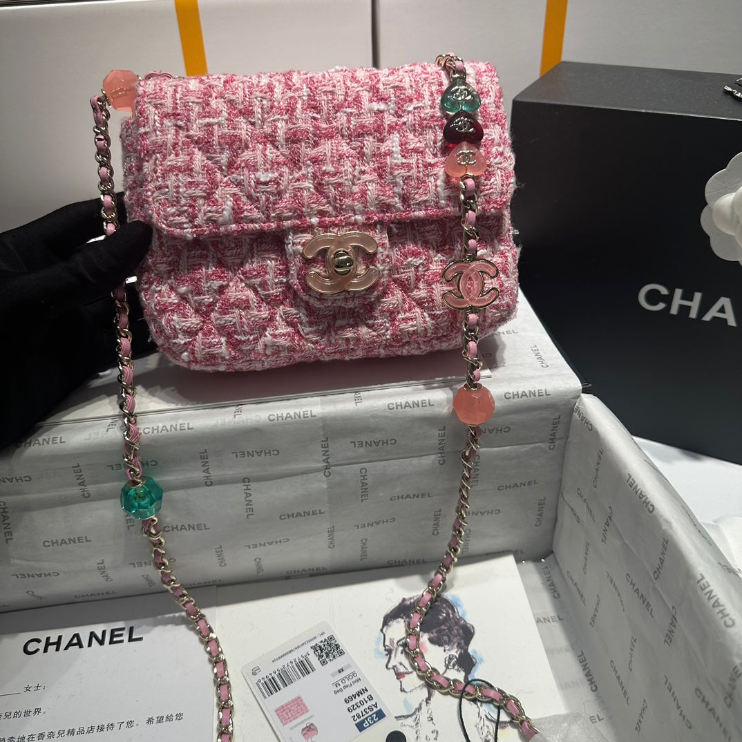 23P FLAP BAG PINK WHITE TWEED SILVER HARDWARE