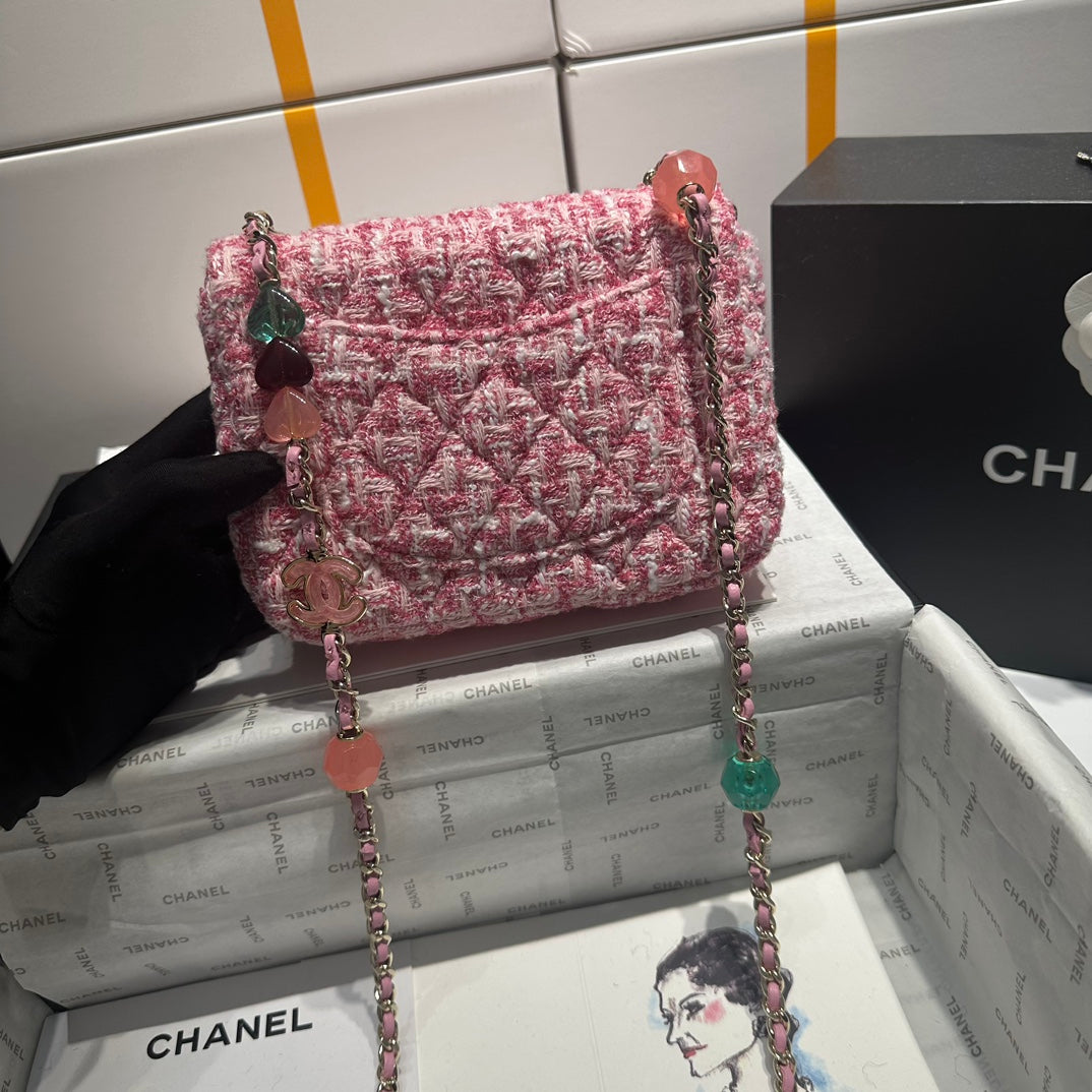23P FLAP BAG PINK WHITE TWEED SILVER HARDWARE