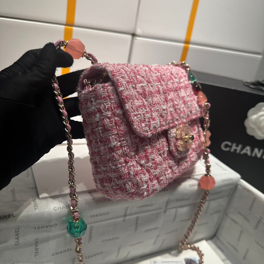 23P FLAP BAG PINK WHITE TWEED SILVER HARDWARE