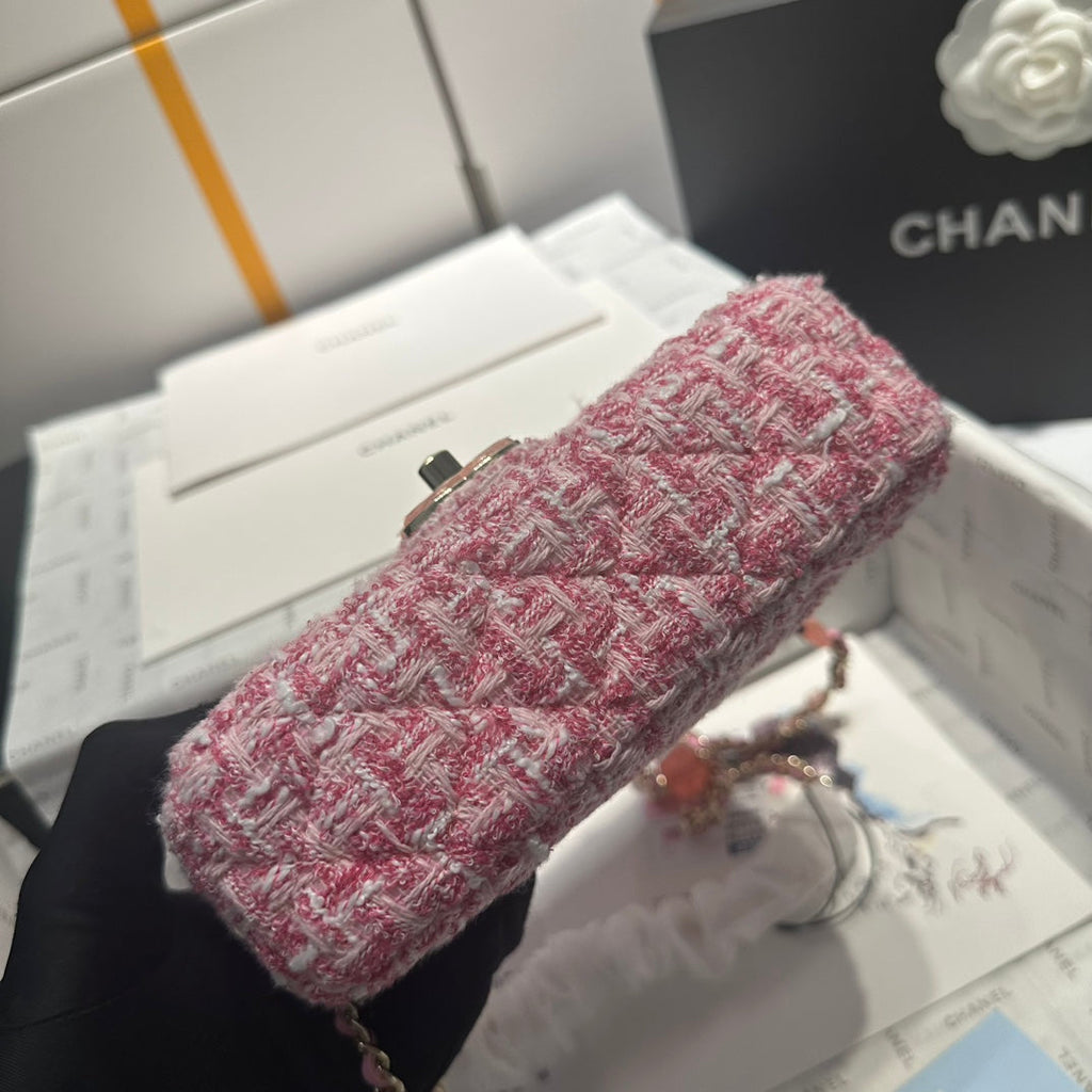 23P FLAP BAG PINK WHITE TWEED SILVER HARDWARE