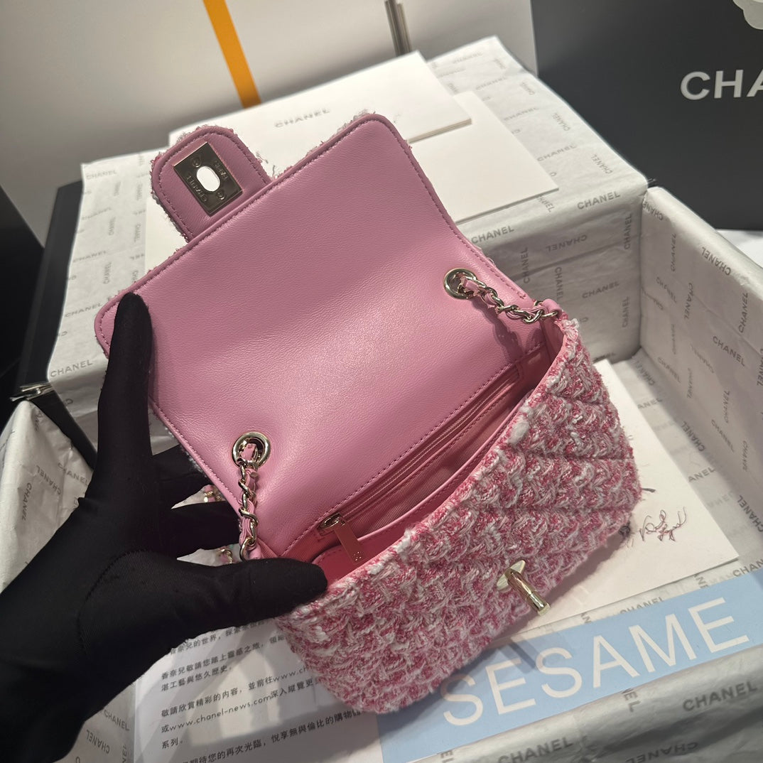 23P FLAP BAG PINK WHITE TWEED SILVER HARDWARE