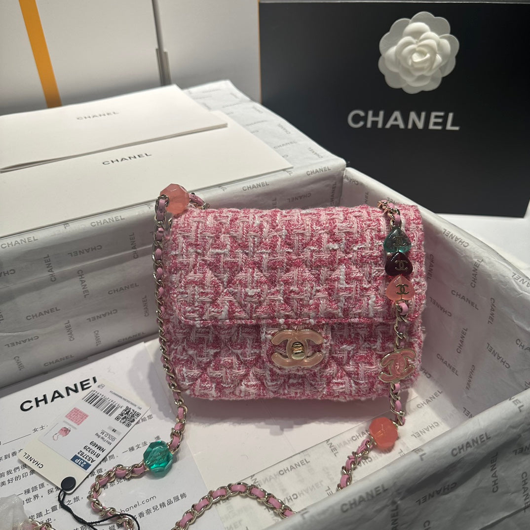 23P FLAP BAG PINK WHITE TWEED SILVER HARDWARE