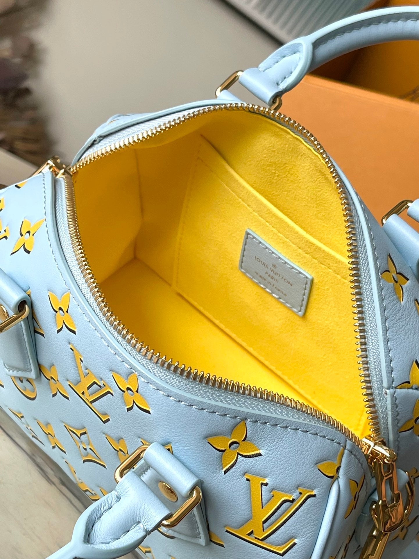 SPEEDY BANDOULIÈRE 20 EN CUIR DE VEAU MONOGRAMME JAUNE CIEL BOUCLE OR
