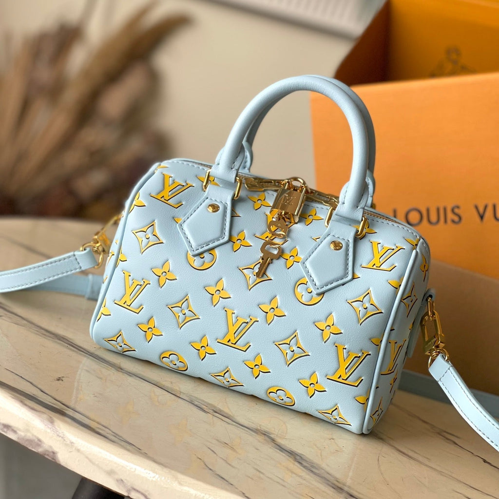 SPEEDY BANDOULIÈRE 20 EN CUIR DE VEAU MONOGRAMME JAUNE CIEL BOUCLE OR