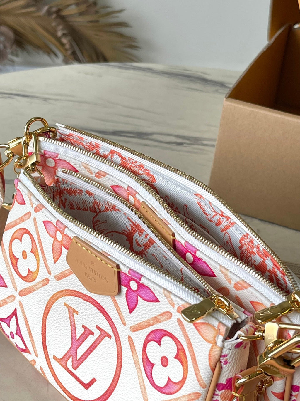ACCESSOIRES MULTI-POCHETTES ROSE 24 PO CARREAUX MONOGRAMME CORAIL TOILE QUINCAILLERIE DORÉ