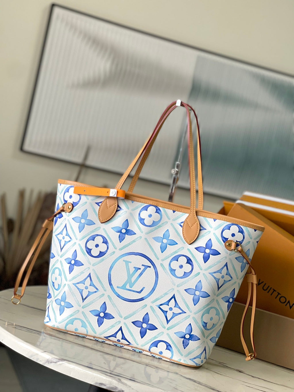 NEVERFULL MM 31 EN TOILE À CARREAUX MONOGRAMME BLEU LAGON