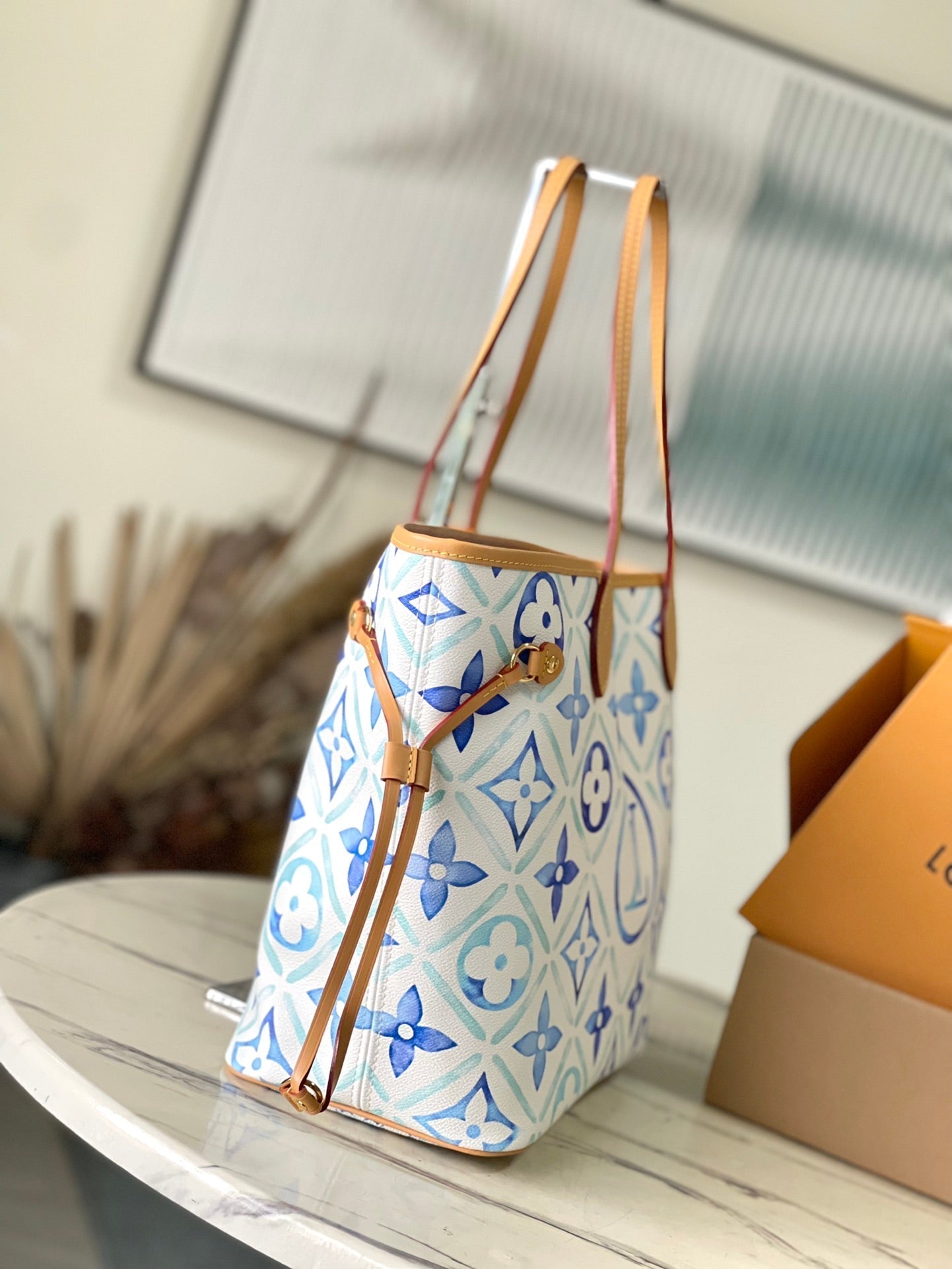 NEVERFULL MM 31 EN TOILE À CARREAUX MONOGRAMME BLEU LAGON