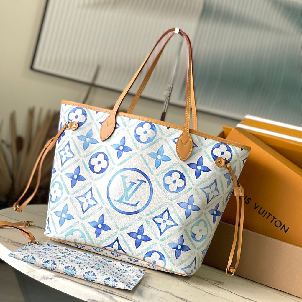 NEVERFULL MM 31 EN TOILE À CARREAUX MONOGRAMME BLEU LAGON