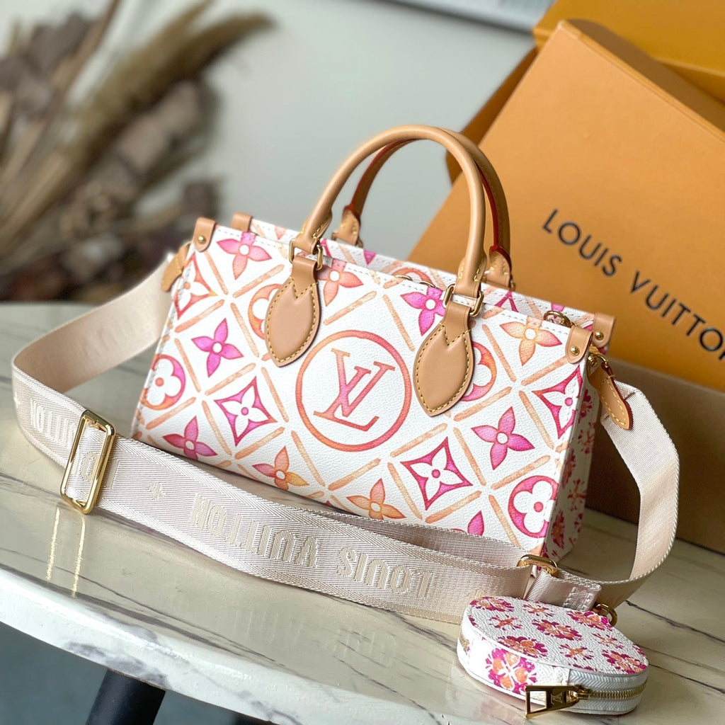 ONTHEGO EAST WEST 25 EN TOILE CARREAUX MONOGRAMME CORAIL