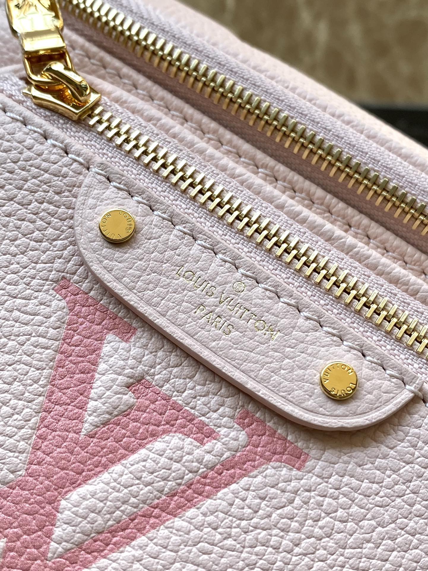 MINI SAC BANANE 17 EN CUIR EMPREINTE MONOGRAMME ROSE DÉGRADÉ, QUINCAILLERIE DORÉ