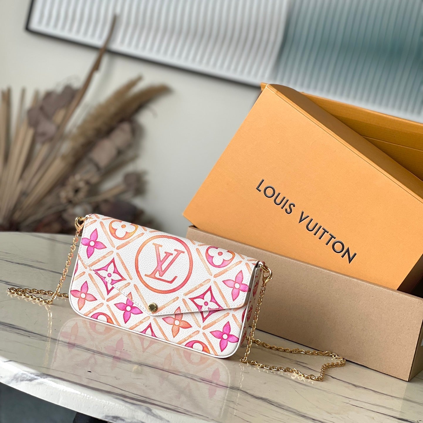 FÉLICIE POCHETTE 21 EN TOILE CARREAUX MONOGRAMME CORAIL