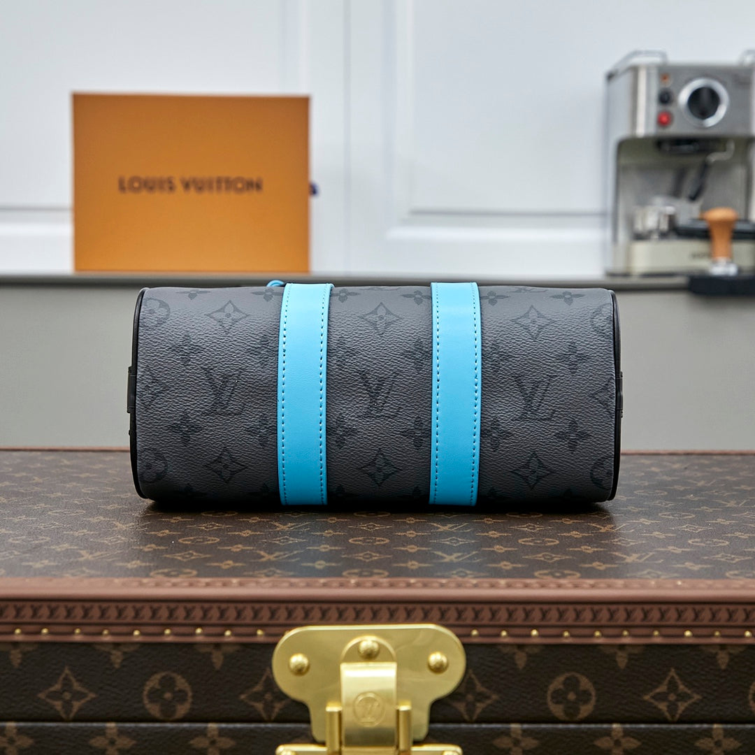 SAC BANDOULIÈRE KEEPALL 25 EN TOILE ÉCLIPSE MONOGRAMME GUN METAL CUIR DE VEAU TURQUOISE MIXTE