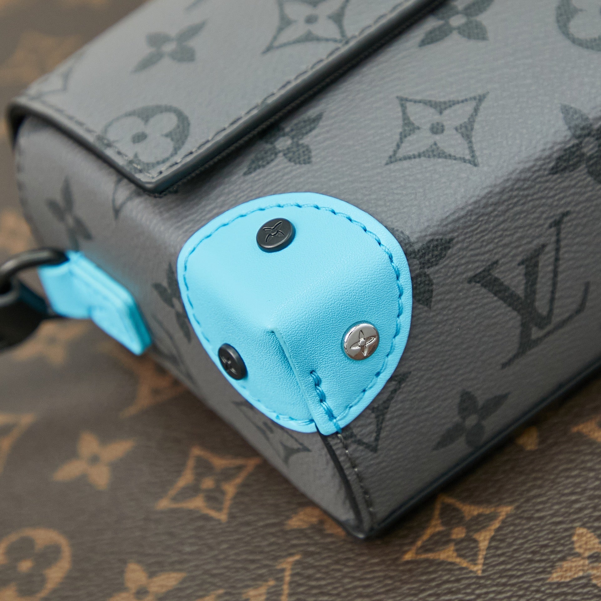 STEAMER 18 PO MONOGRAMME GUN METAL TOILE ECLIPSE MÉLANGE CUIR DE VEAU TURQUOISE
